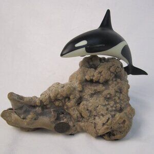Vintage John Perry Orca Killer Whale Sculpture Burlwood Base Art 9.5"
